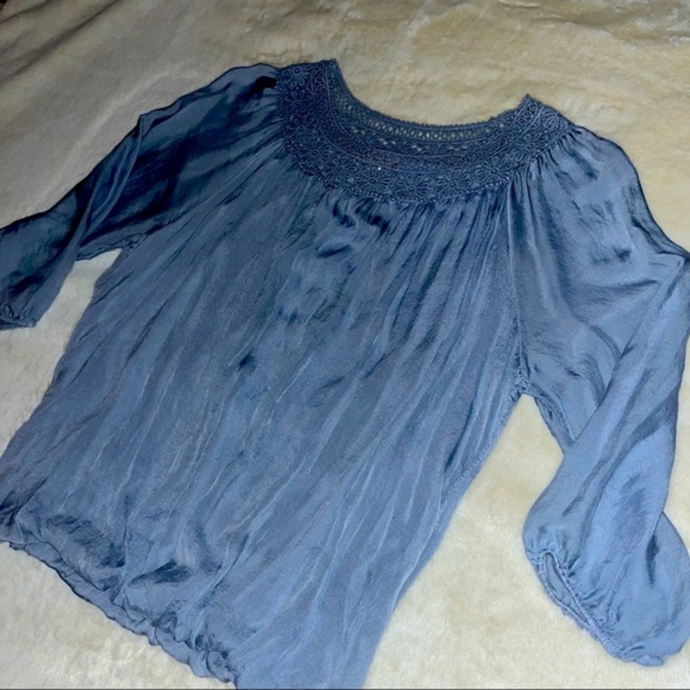 Carina Ricci Made in Italy Blue Silk Crochet 3/4 Sleeve Blouse - Size Small